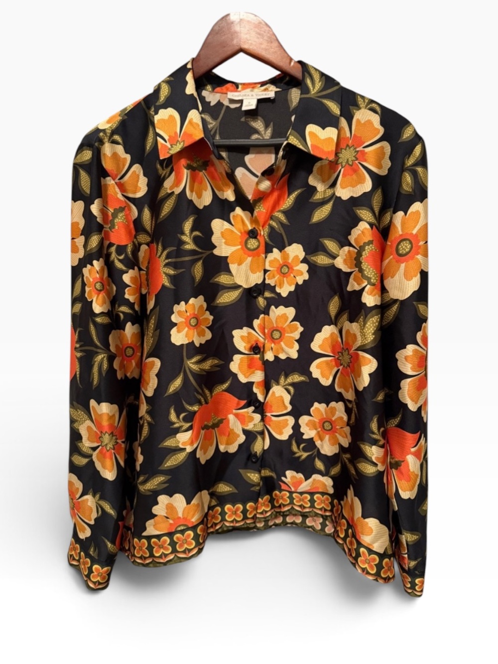 Chelsea & Violet Cora Floral Button Down Blouse Black Orange
